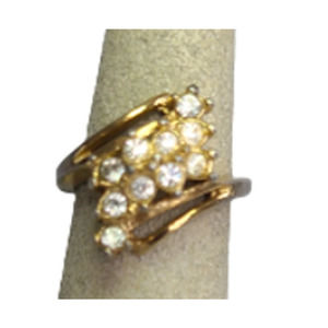 Vintage ring, Gold tone, Raised, Rhinestone rows, No brand, Size 6 5